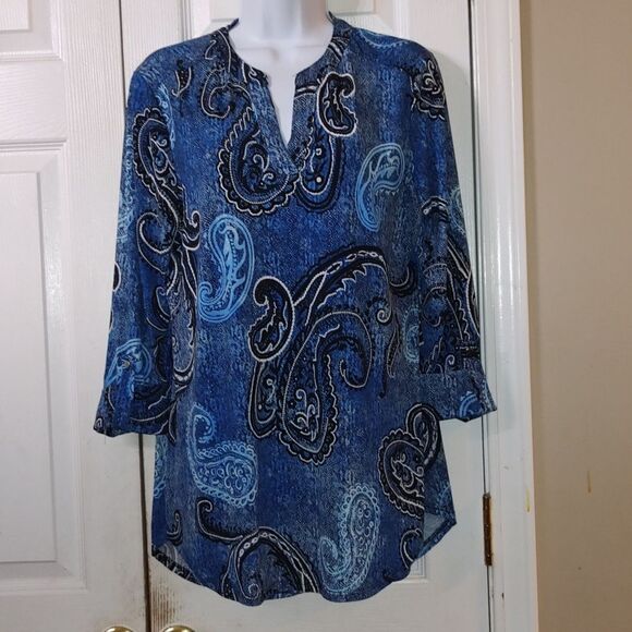 New Directions 3/4 Puff Sleeve Paisley Print Split Neck Tunic Sz M - Picture 1 of 6